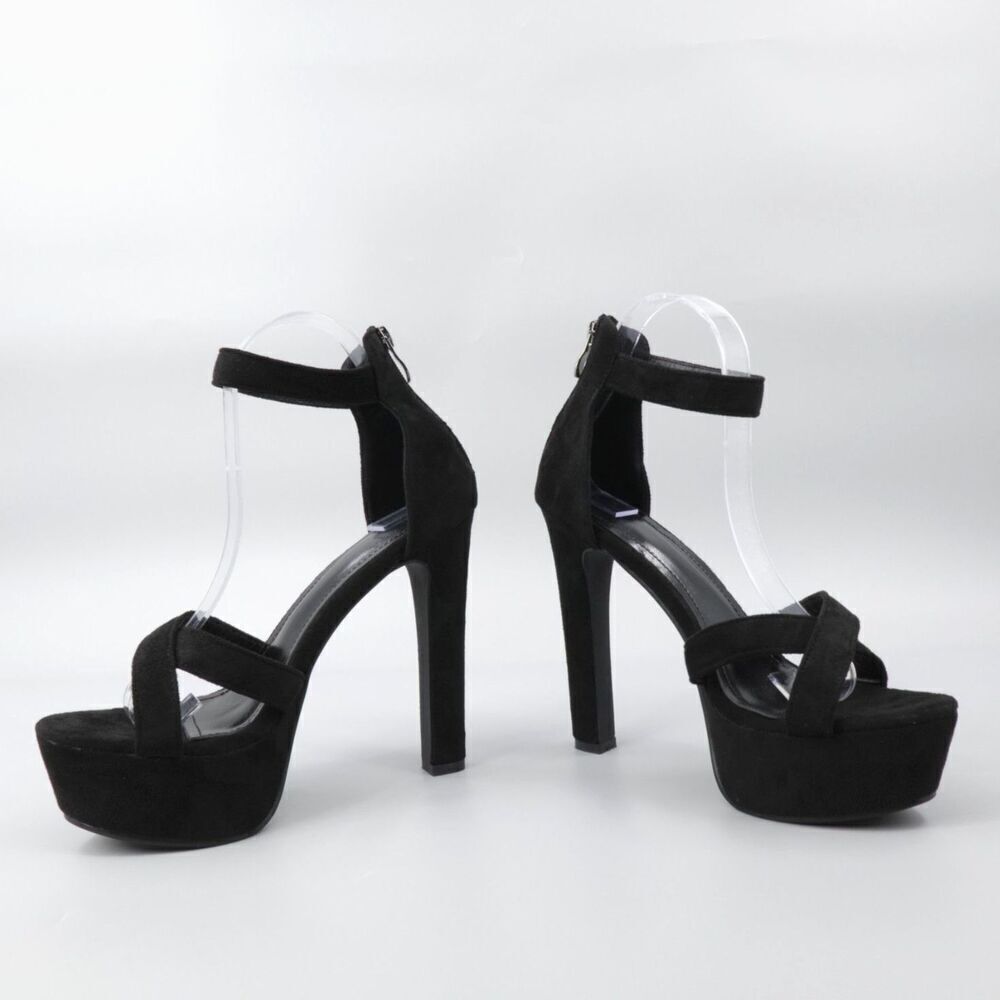 Black Chunky Platform Heels Faux Suede Ankle Strap Whimsigoth Retro Prom hoco - Picture 2 of 16